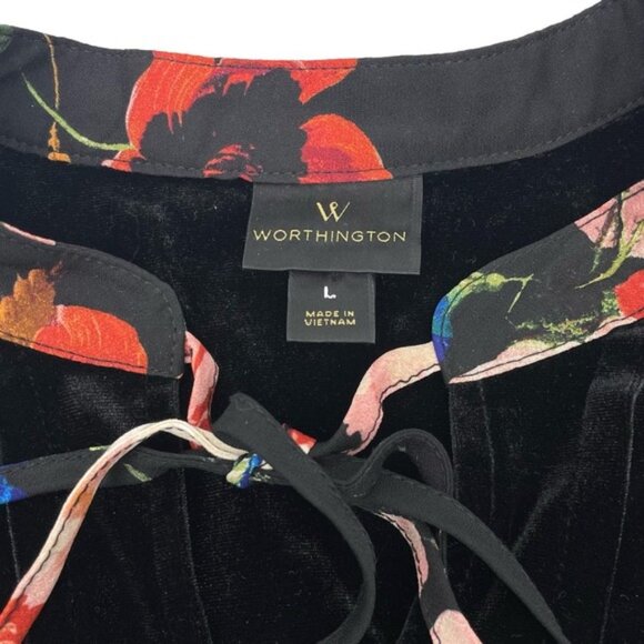 WORTHINGTON Floral Velvet Tie Neck Peplum Blouse Sz Large - Picture 4 of 6